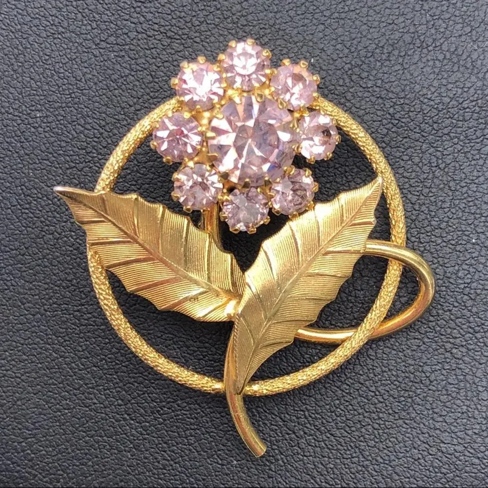 Pink Rhinestone Flower Brooch, Gold Tone Vintage Unsigned Leaves